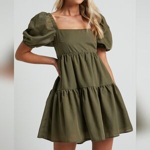 Elegant Olive Green Puff Sleeve Dress